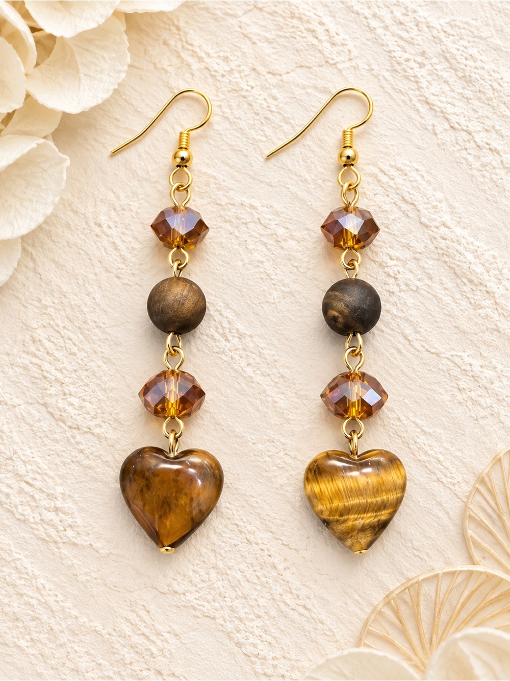 🆕🤗Gold-Tone Brown Tiger's Eye Heart Drop Earrings